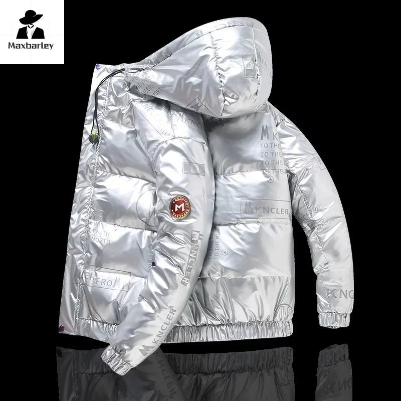 White Duck Down Jacket Men's Winter Fashion Casual Short Shiny Hooded Windbreaker  Coat for Men