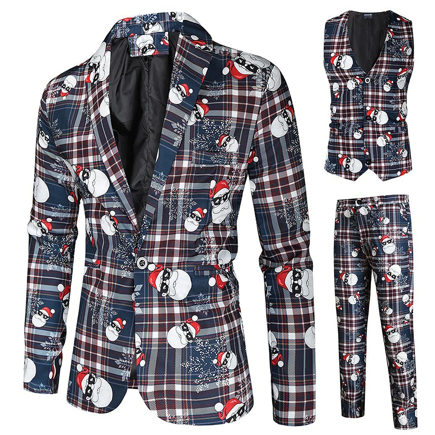 Men's Santa Claus Christmas Suit Fashion Plaid Print 3-Piece Suit