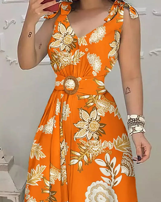 Summer Woman Casual V-Neck Floral Print Sleeveless Dress