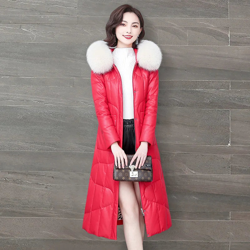 Genuine Leather Jacket Women's Down Jacket Elegant Mid-length Coat