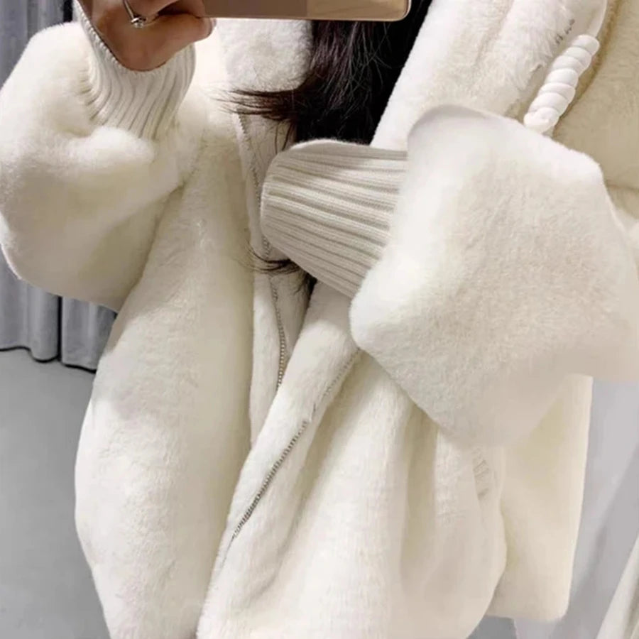 Top Warm Furry Overcoat Lambswool Casual  Hooded Women Jacket