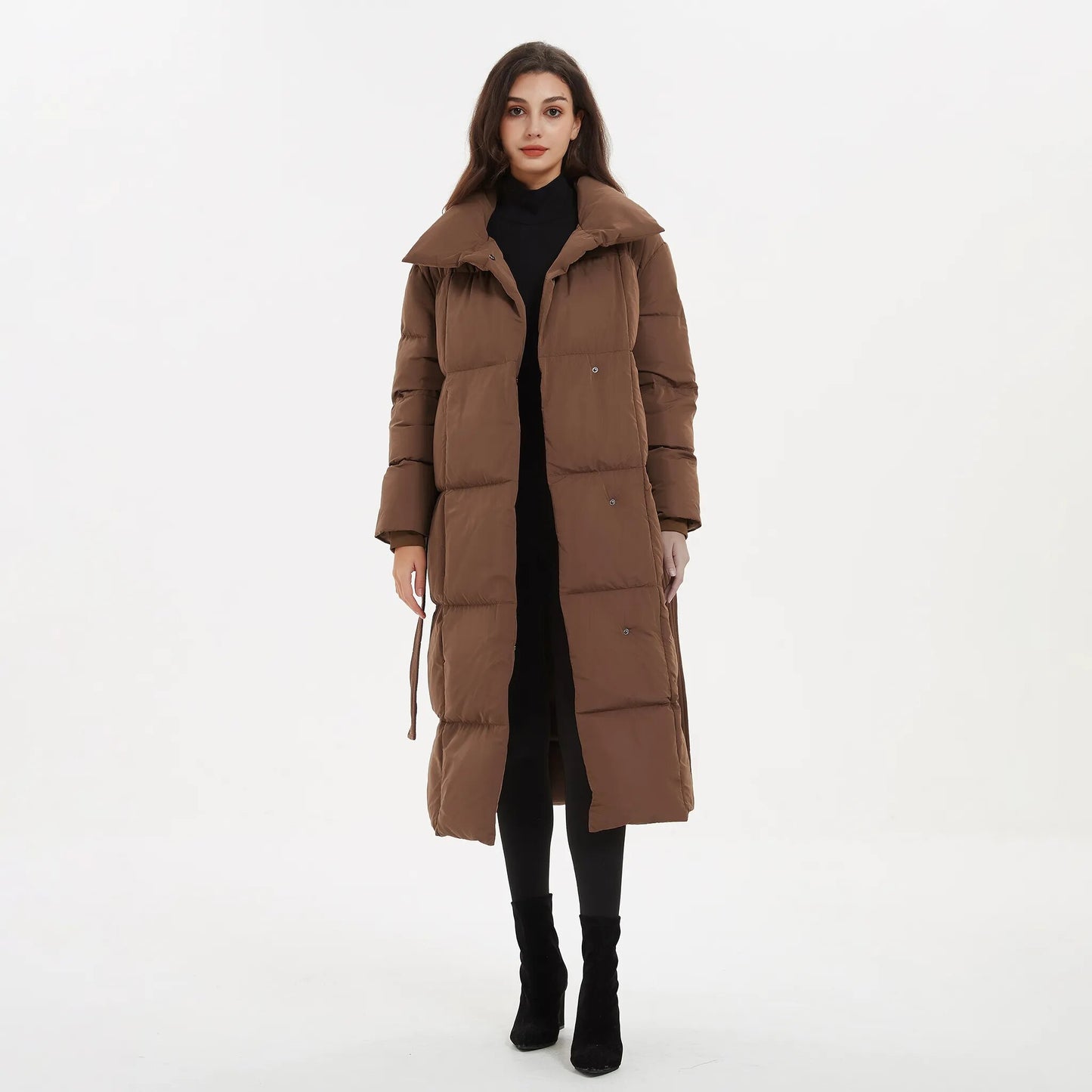 Thick Loose Parkas Fashion Solid Covered Button on Elegant Tie Belt Long Cotton Jackets for Women.