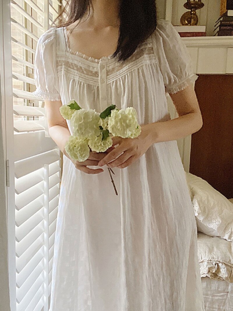 Women Pure Cotton Ruffles Vintage Nightgown Robe Lace Fairy Short Sleeve Victorian Night Dress