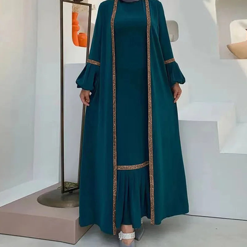 Muslim dress solid color abayas for women bead piece outside matching suit fashion formal dresses