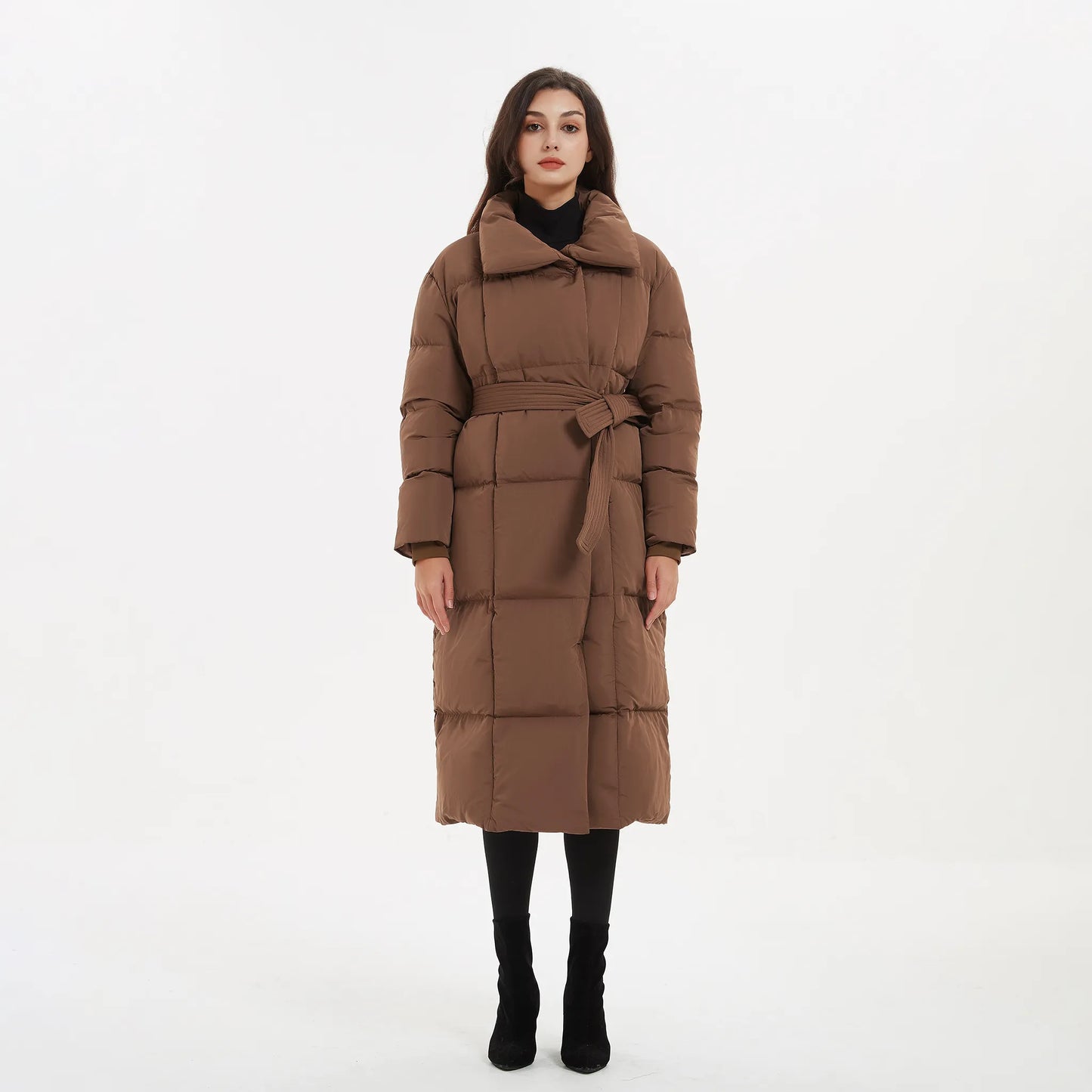 Thick Loose Parkas Fashion Solid Covered Button on Elegant Tie Belt Long Cotton Jackets for Women.