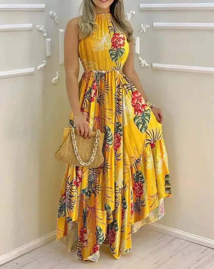 Women's Vacation Dress 2024 Summer Latest Style Fashionable Beach Flower Print Open Back Parallel Crepe Stitch Long Skirt