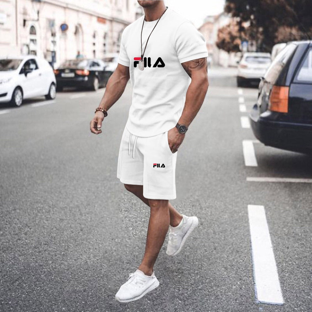 Two Piece Sets Short Sleeve T-shirts+Shorts FILA brand  Cotton Summer Tracksuit for men