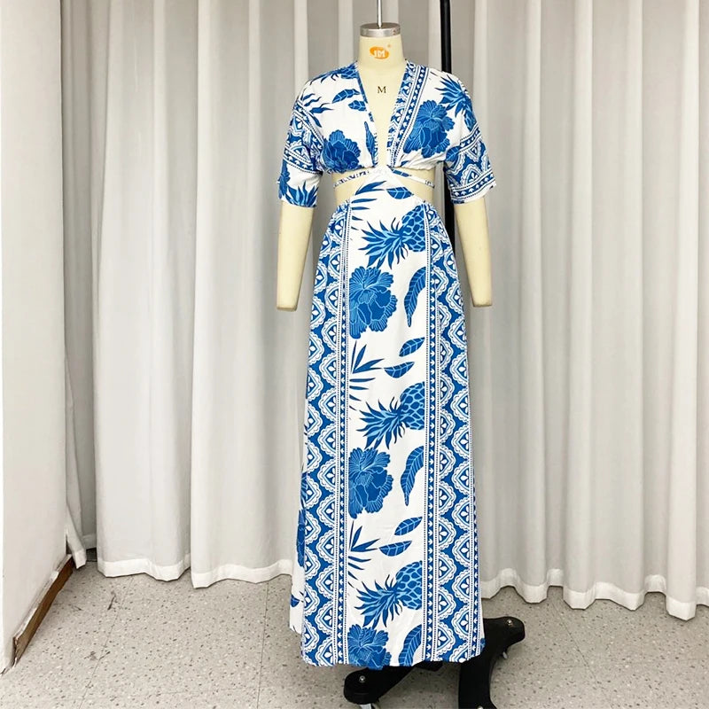 Women's Maxi  Summer Dress Printed V- Neck Half Sleeve Open Waist Lace Up Beach Dresses