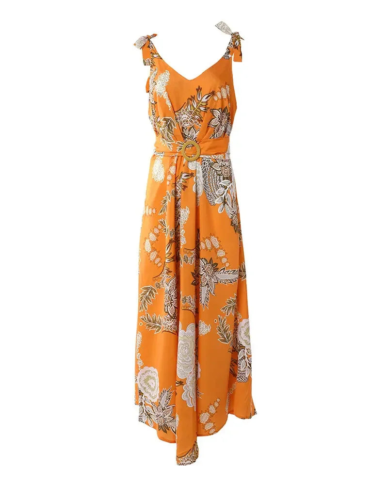 Summer Woman Casual V-Neck Floral Print Sleeveless Dress