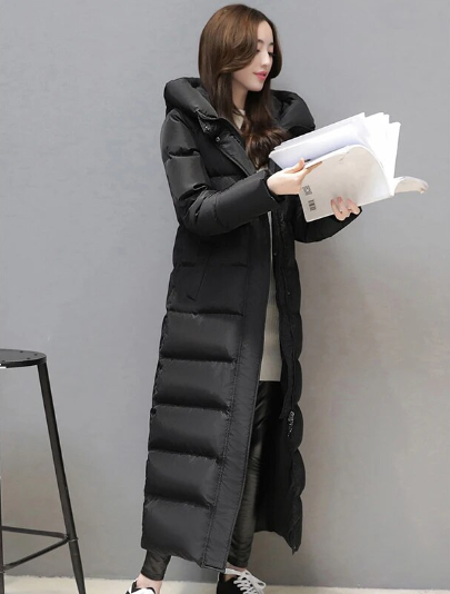 Women's super long down jacket Warm winter puffer Thick coat Hooded zipper