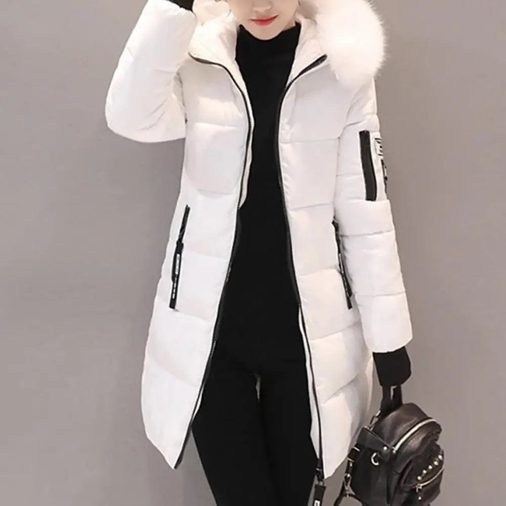 Women's Cotton Coat Hooded Mid Length Windproof Warm Long Sleeve Jacket