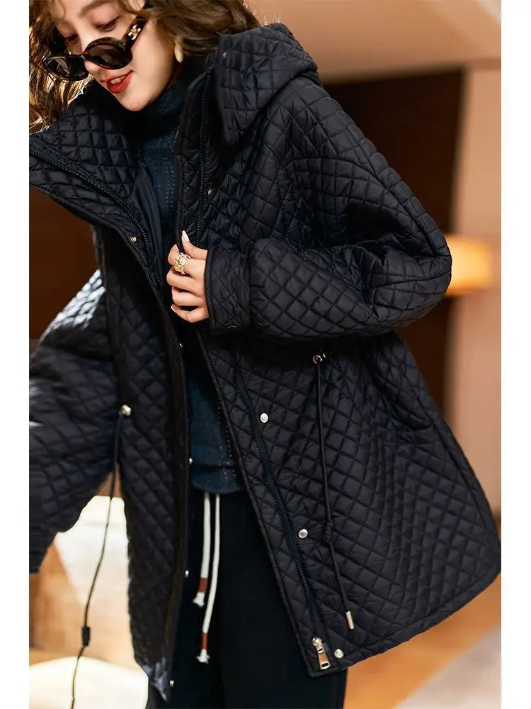 Fashion Plaid Casual Thin Cotton Coat Women's Medium Long Hooded Top for Women