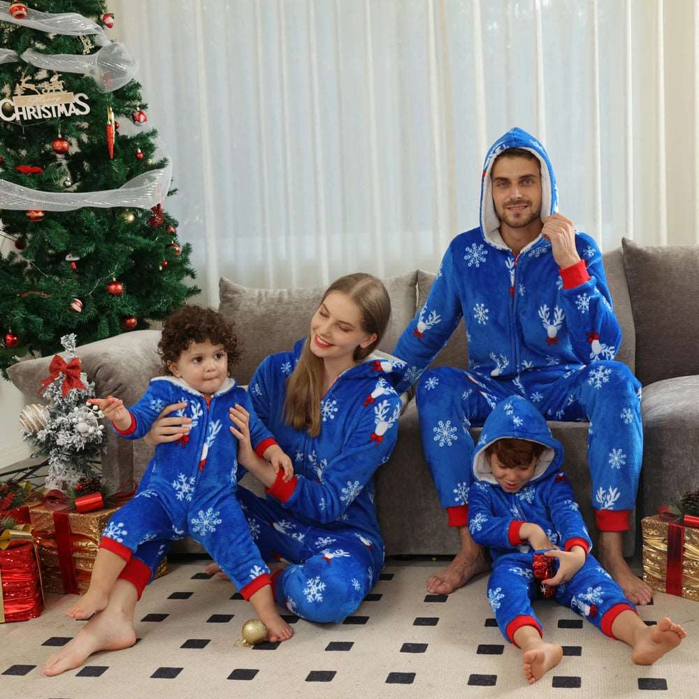 2023 Christmas Gift Deer Family Pajamas Flannel Hooded Jumpsuit Mother, Father, Kids, Baby Matching Outfit