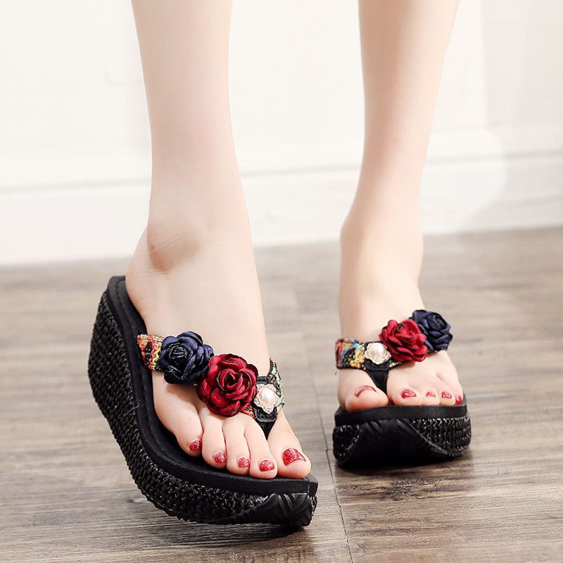 High Heel Women Wedge Non-Slip Outdoor Slipper Summer Beach Shoes Floral Flip-Flop Ladies Sandals