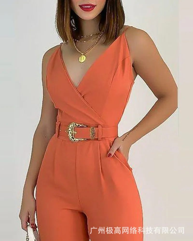 V-Neck Pocket  Jumpsuit With Belt Women's Overall Pants Summer Sleeveless Solid Color Jumpsuits