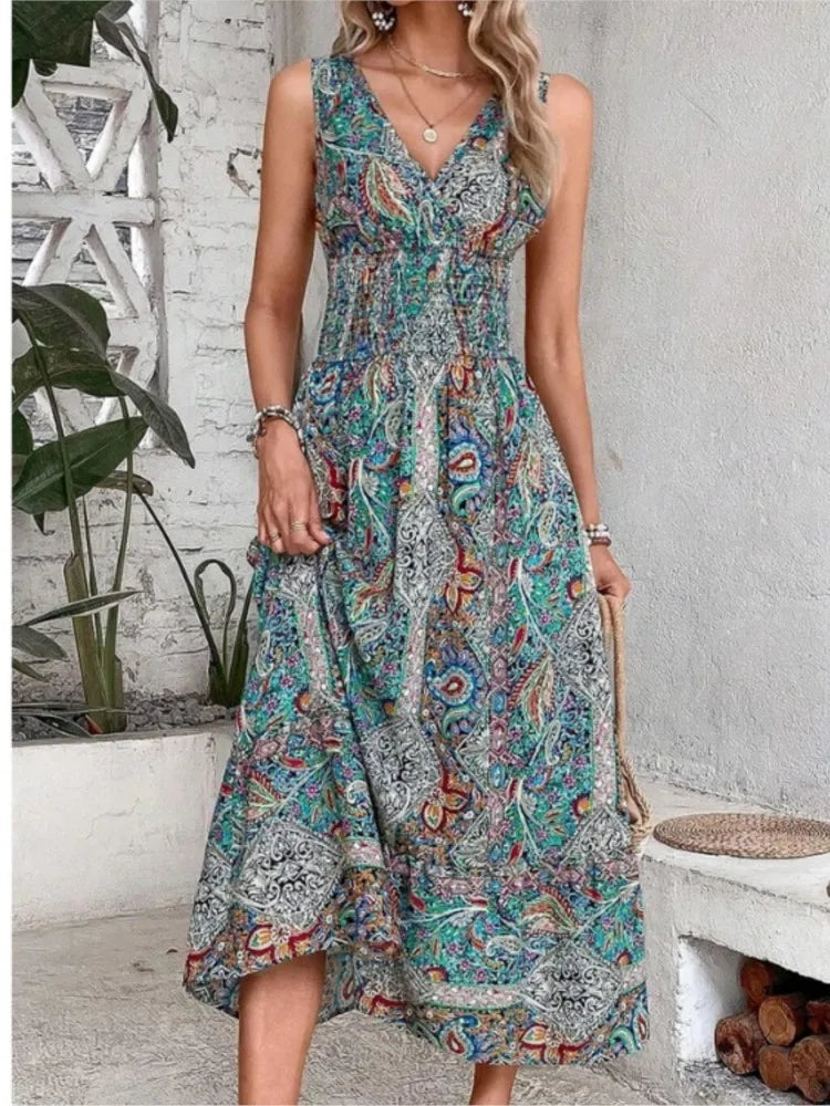 Women's Summer Boho Dress Fashion Sleeveless Print Dresses