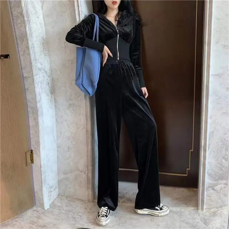 2023 Spring New Velvet Two Piece Sets  Zipper  Oversized Tracksuit  Solid Hoodie Sportswear for Women