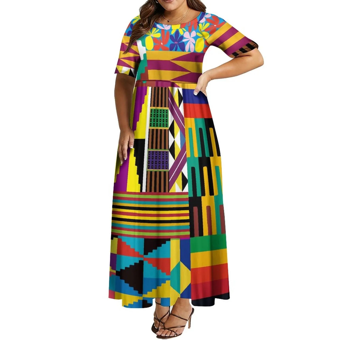 African Art Print O-Neck Dress Anti-Static Half Sleeve Plus Size Dress