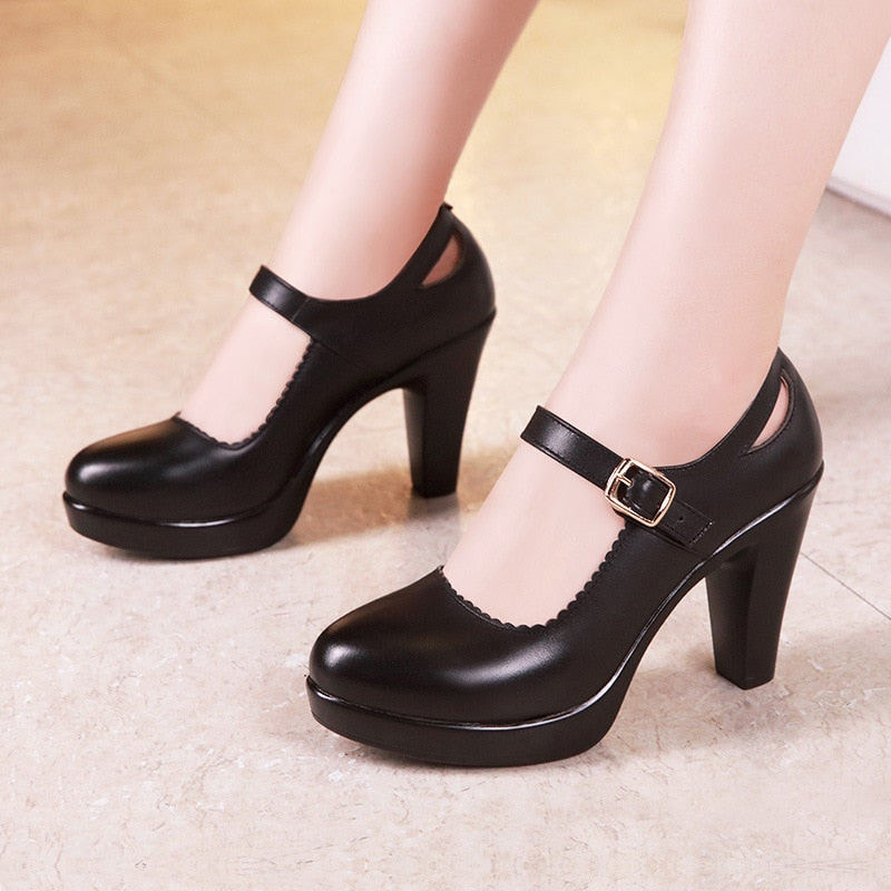 Block Heel Platform Women's Shoes Soft Leather High Heels Office Party Dress Shoe