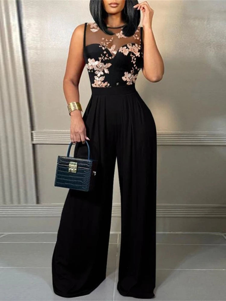 Chic Summer Women Mesh Elegant Wide Leg Jumpsuit Loose Full Body Jumpsuit Trousers for women