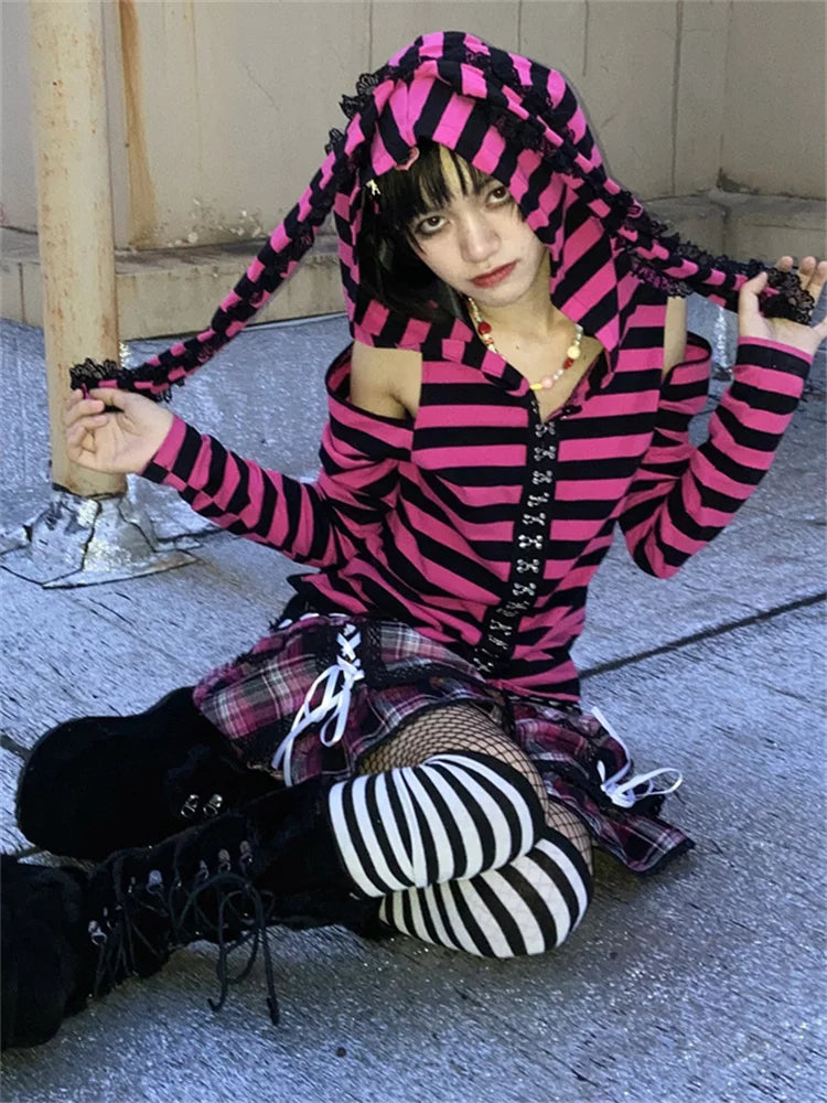 PUNK STYLE GIRL Striped Hooded Top