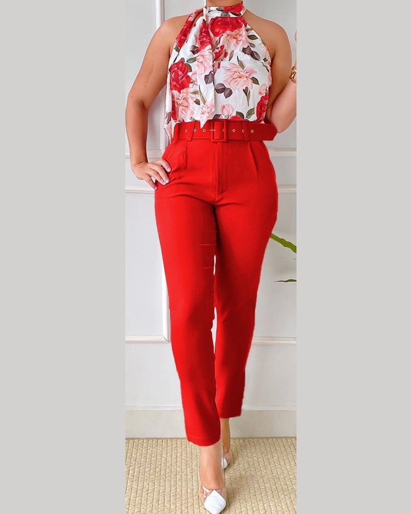 Summer Fashion Print Two Piece Set  Button Flying Sleeve Shirt Pants Two Piece Set for Women