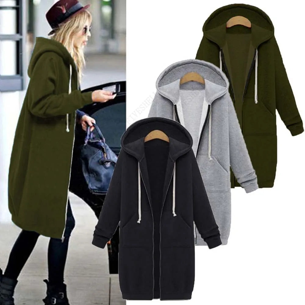 Autumn Winter Casual Women Long Hoodies Sweatshirt jackets with Pockets