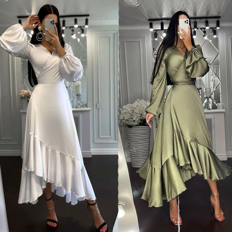 Long Sleeve Sexy V-neck Temperament Waist Irregular Silk Elegant Party Dress for Ladies