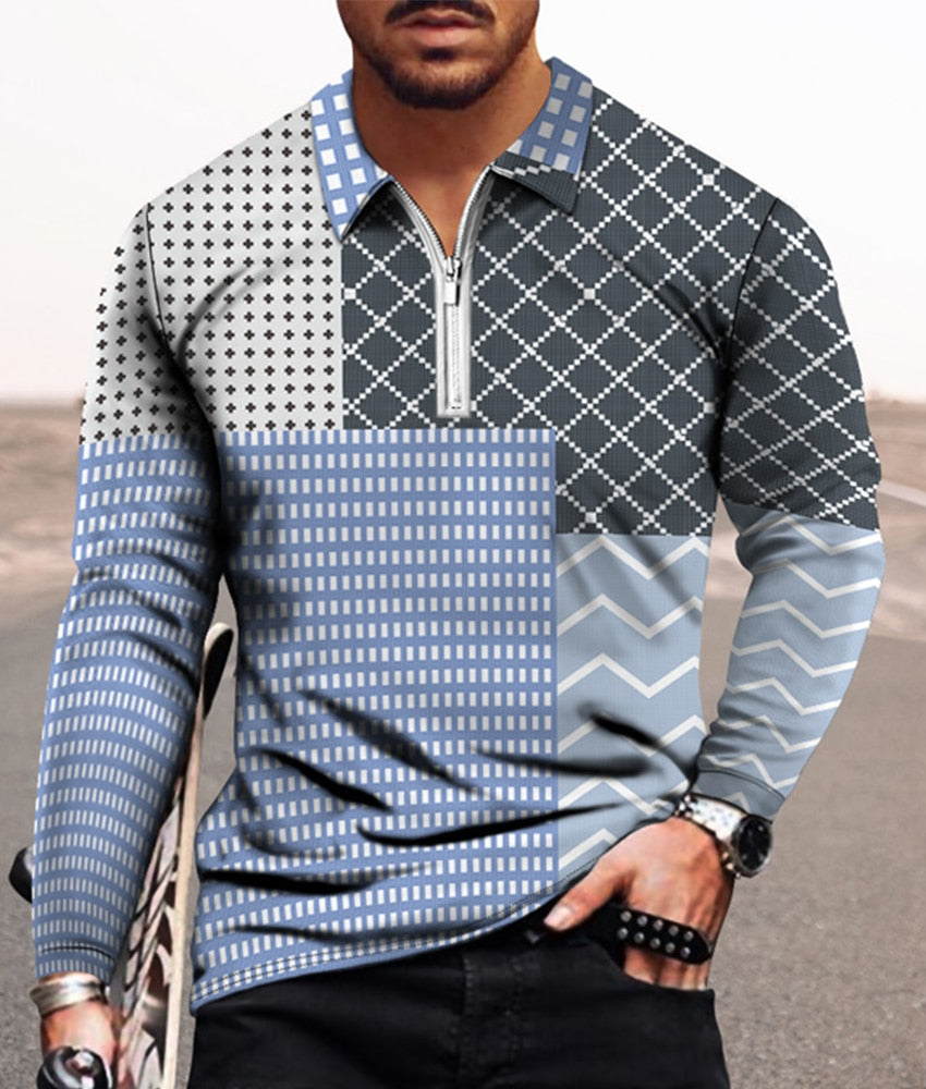 Men's Casual Long Sleeve Polo Shirts T-Shirt Men Tops Street Golf Clothing Geometric Print