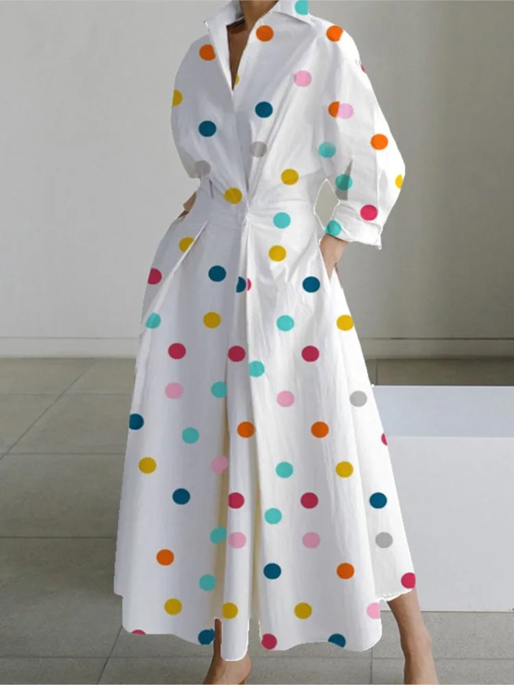 Long Sleeve Dot Print V- Neck Elegant Maxi Dresses For Women