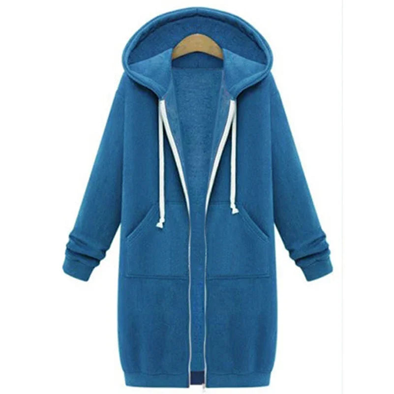 Autumn Winter Women Long Warm Hooded Sweatshirt Coat Casual Pockets Zip Up Jacket