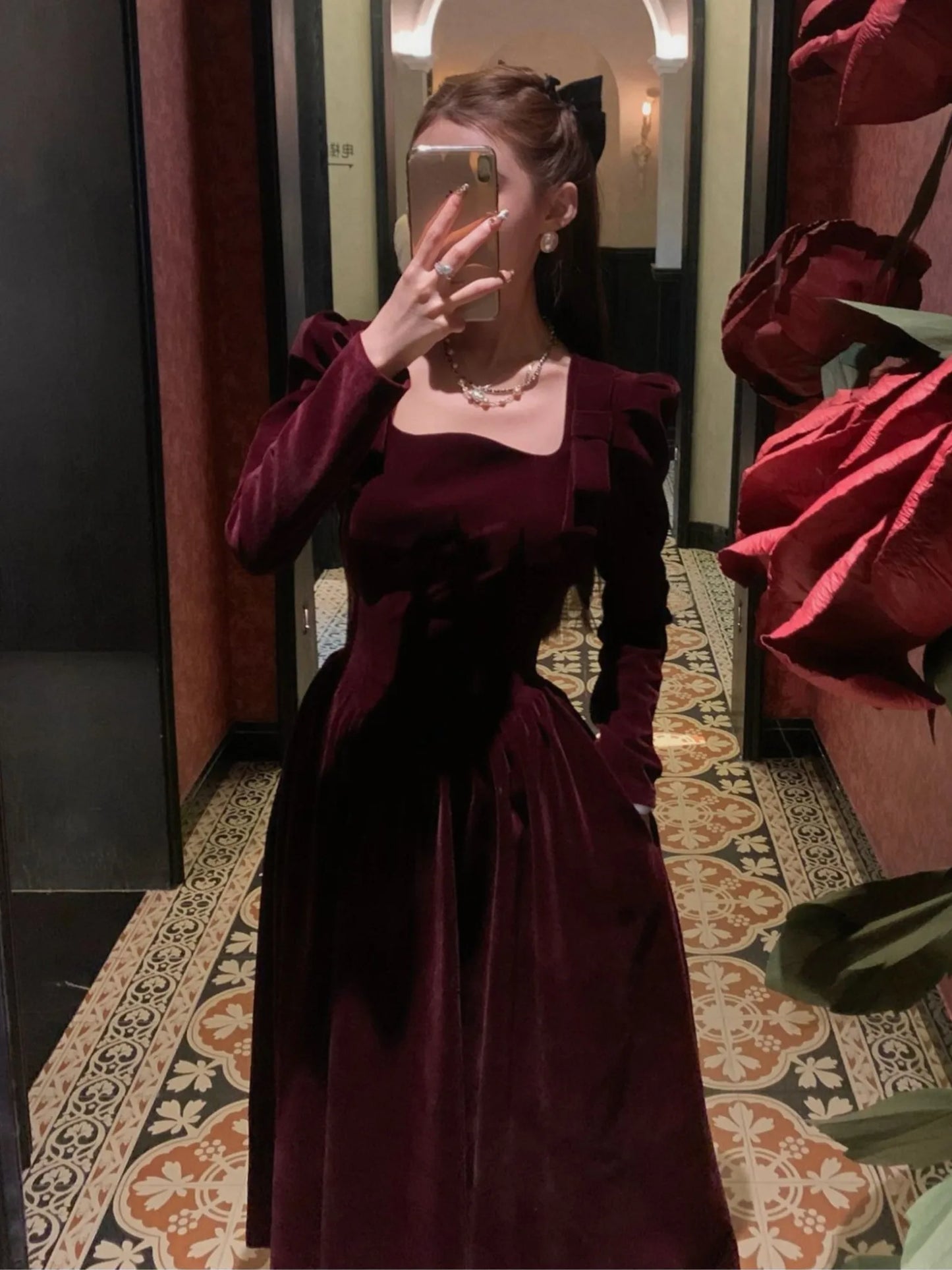 French Vintage Red Velvet Dress