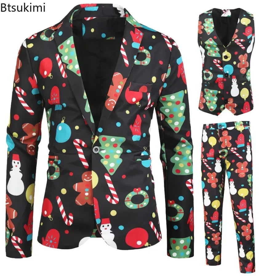 New Men's Casual Three-Piece 2024 Christmas Print Suit