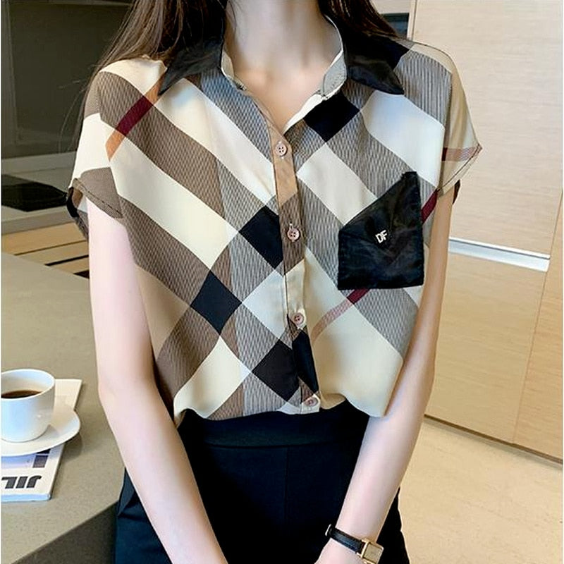 Women's Short Sleeve Chiffon Casual Pretty  Blouses Korean Plaid Buttoned Trendy Shirts Trends