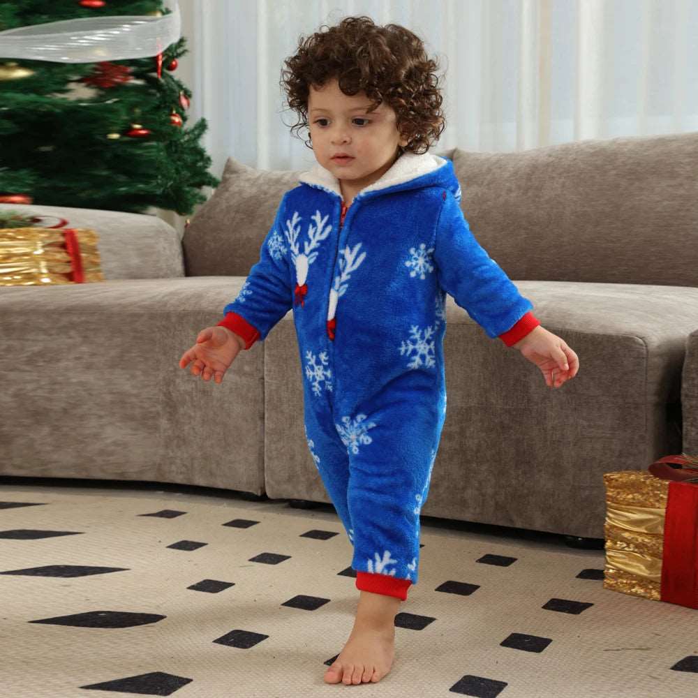 2023 Christmas Gift Deer Family Pajamas Flannel Hooded Jumpsuit Mother, Father, Kids, Baby Matching Outfit