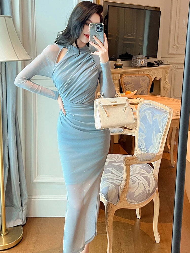 Christmas Shiny Evening Long Dresses for Women - See Through Sexy Bodycon Dress