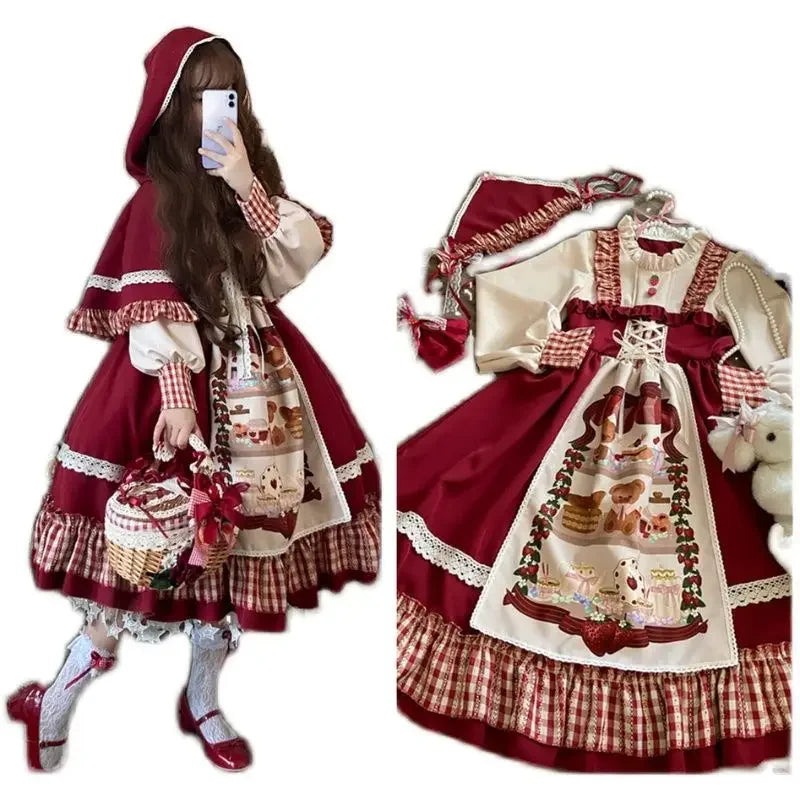 Kawaii Christmas Lolita Dress: Red Ruffle Long Sleeve