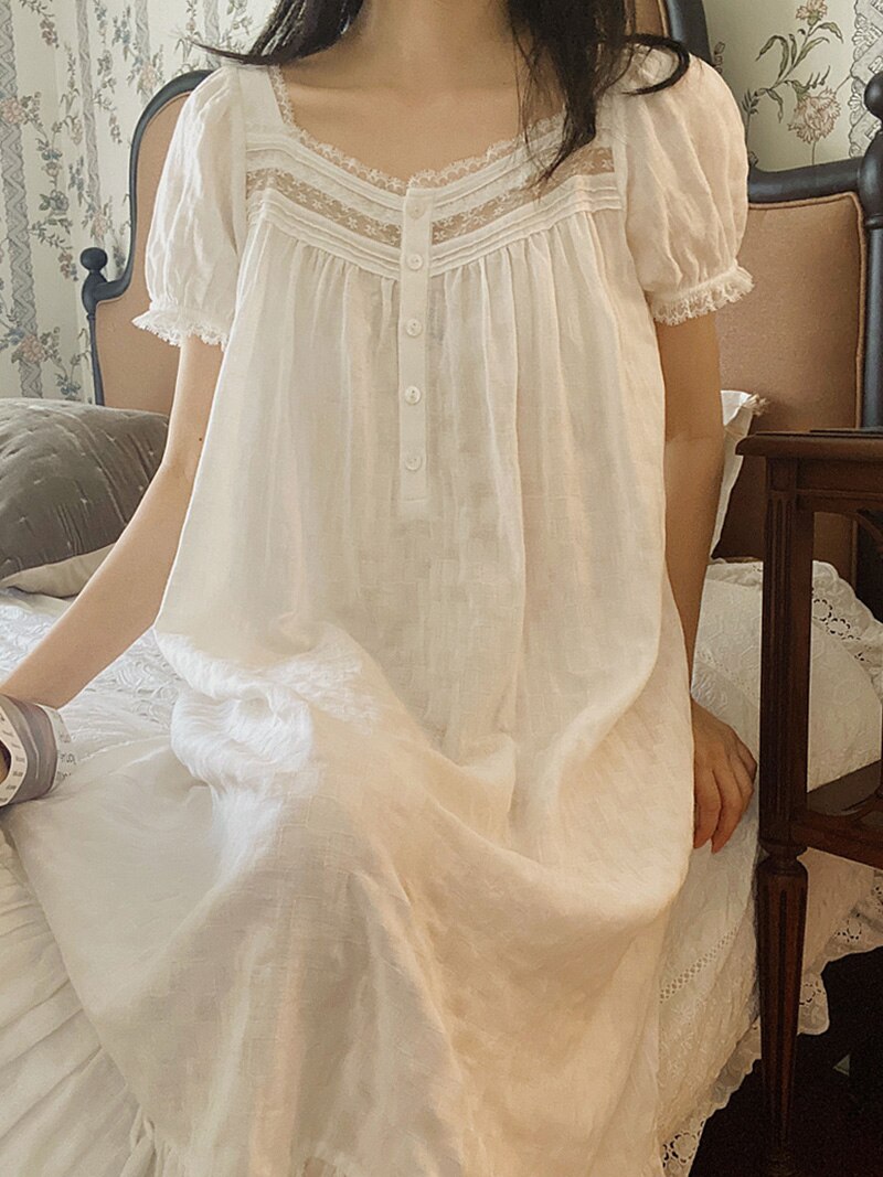 Women Pure Cotton Ruffles Vintage Nightgown Robe Lace Fairy Short Sleeve Victorian Night Dress