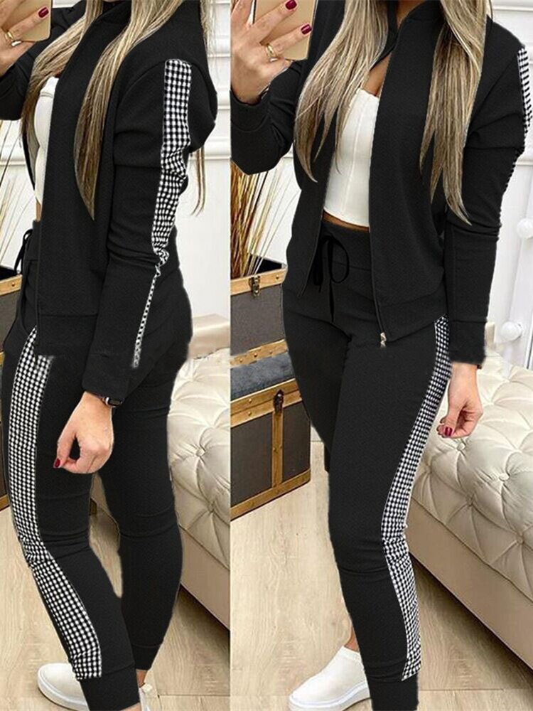 Women's Elegant Two-Pieces Tracksuit Sets Stylish Greek Fret Print Coat and Bottom