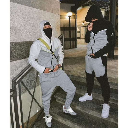 2022 Men's Sports Set Hooded Coat Cotton Tech Fleece Color Patchwork  Sweatpants Set for Men