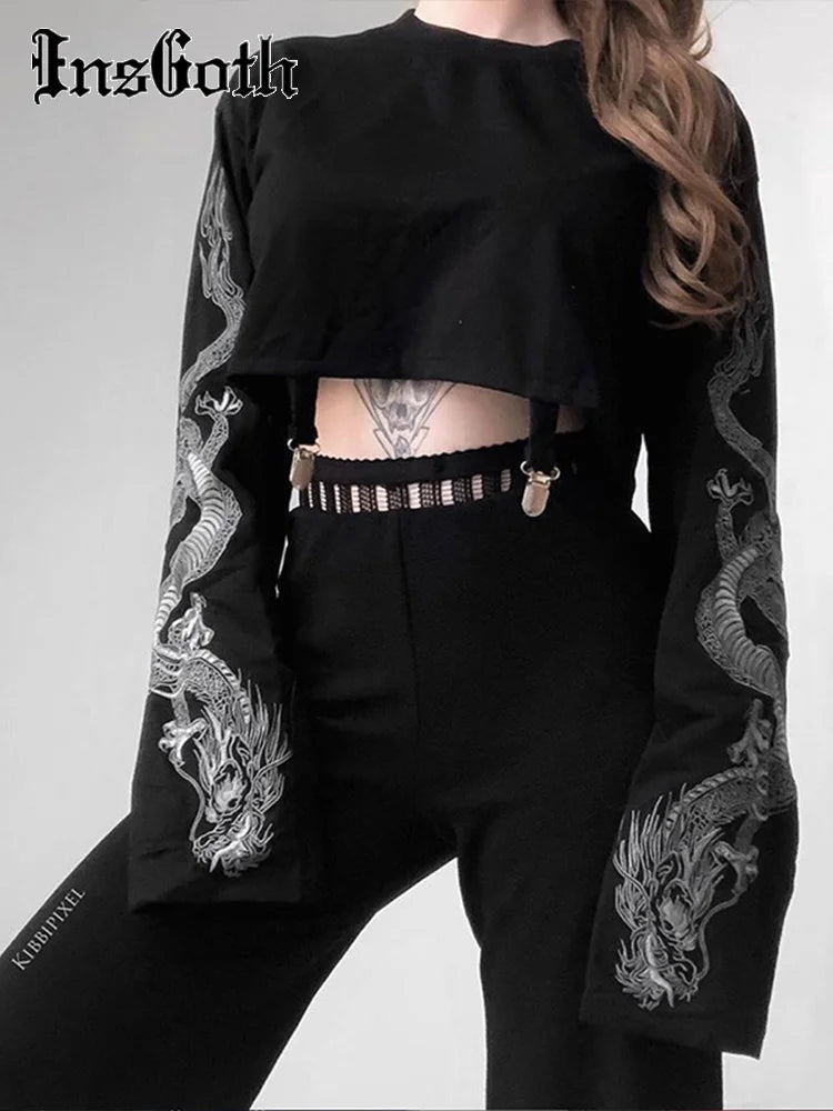 Black Crop Top Hoodie Women Gothic Punk Grunge Dragon Printed Loose Sweatshirt Pullover