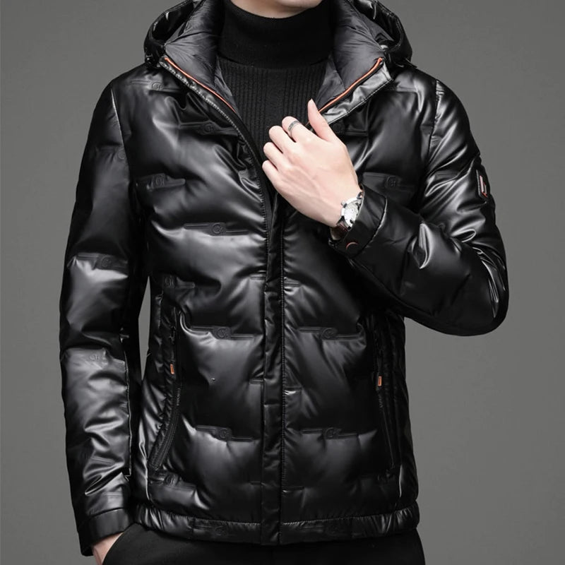 TOP Winter Casual  Bright Warm Hooded 90% White Duck Down Jackets Solid Thick Loose Puffer Coats for Men