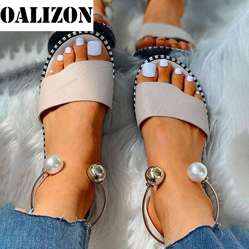 2022 New Summer Women Beaded Pearly Sandals Slippers Shoes for Ladies