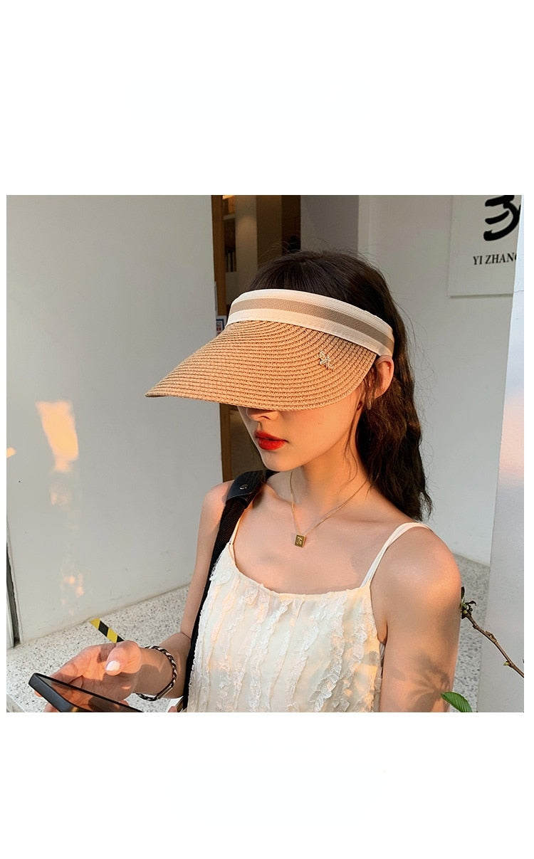 Empty Top Straw Hat Travel Sunshade Sun Hat  Trendy Superlite Beach Foldable Roll Up Cruise Wear large Visor Cap For Women