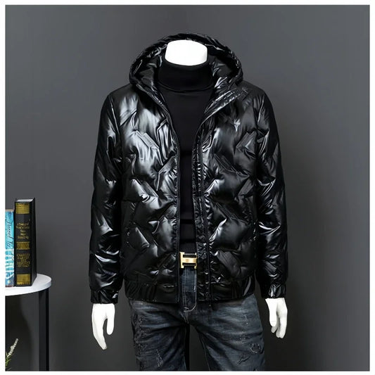 White Duck Down Jacket Fashion Glossy Folds Casual Thicken Warm Hooded  Puffer Coat for Men