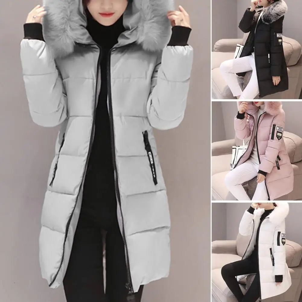 Women's Cotton Coat Hooded Mid Length Windproof Warm Long Sleeve Jacket