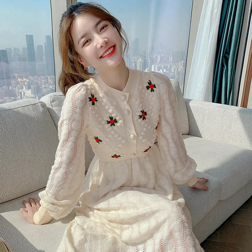 Maxi Dresses Korea Style Slim Embroidery Wool Long Sleeve for Woman