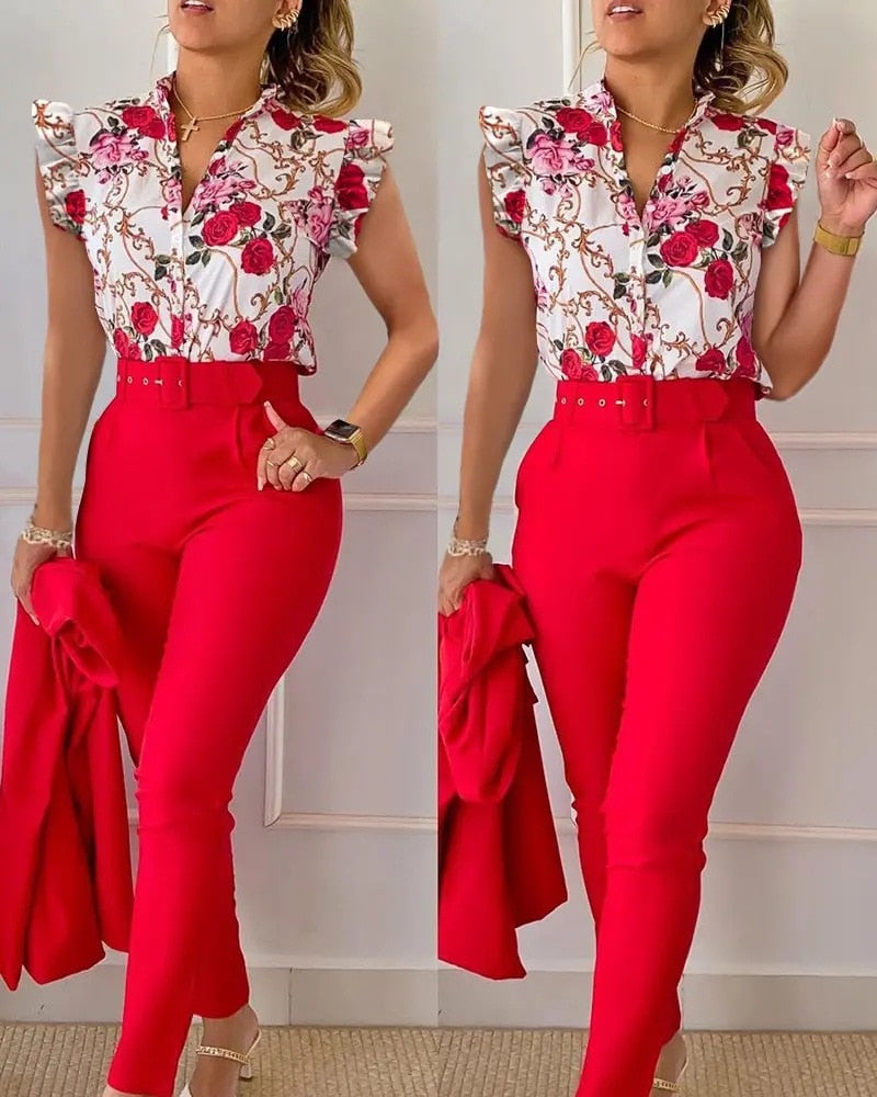 Summer Fashion Print Two Piece Set  Button Flying Sleeve Shirt Pants Two Piece Set for Women