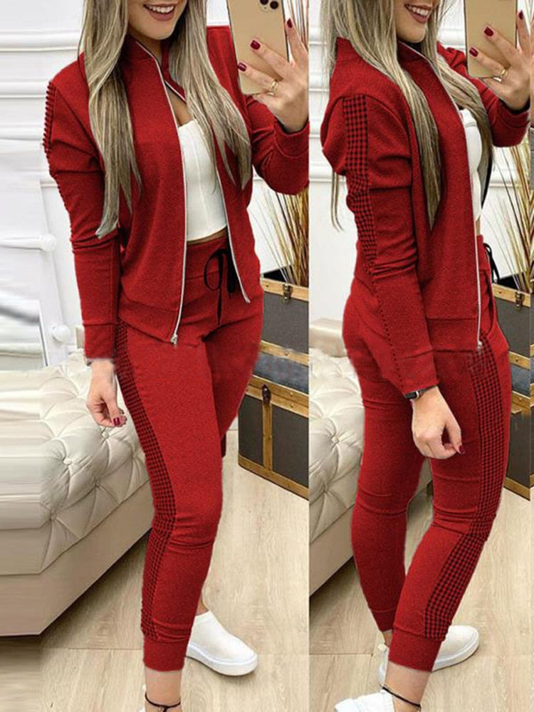 Women's Elegant Two-Pieces Tracksuit Sets Stylish Greek Fret Print Coat and Bottom