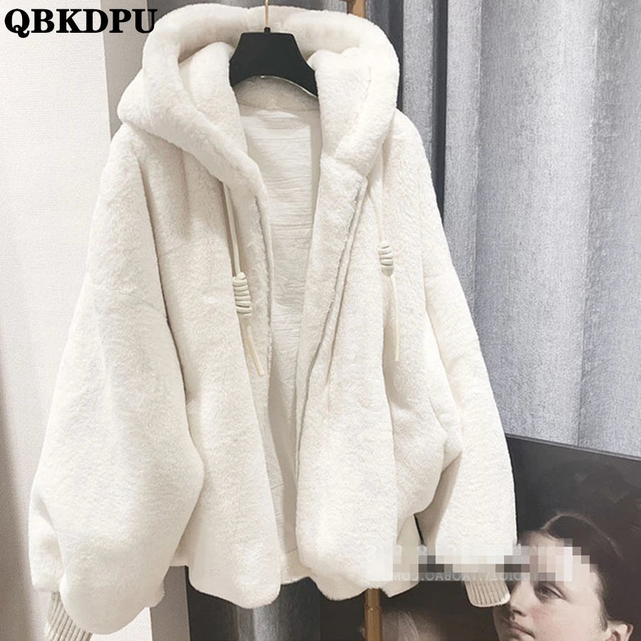 Top Warm Furry Overcoat Lambswool Casual  Hooded Women Jacket